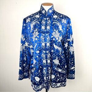 Vintage Plum Blossoms Silk Blue Embroidered Jacket Royal Blue and White Birds